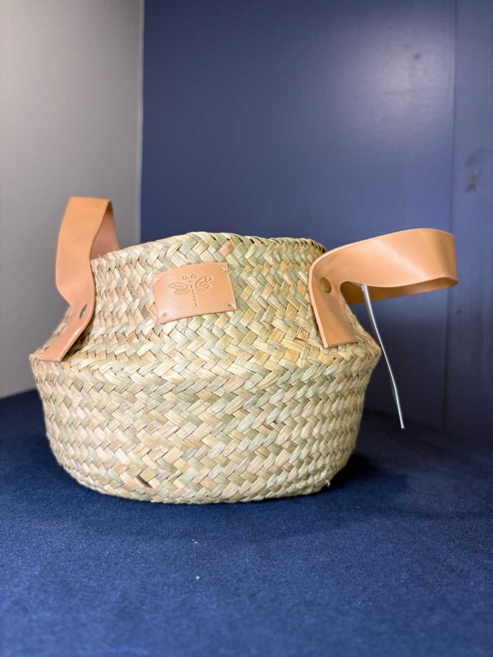 Harry & David Straw Basket with Peach Leather Handles